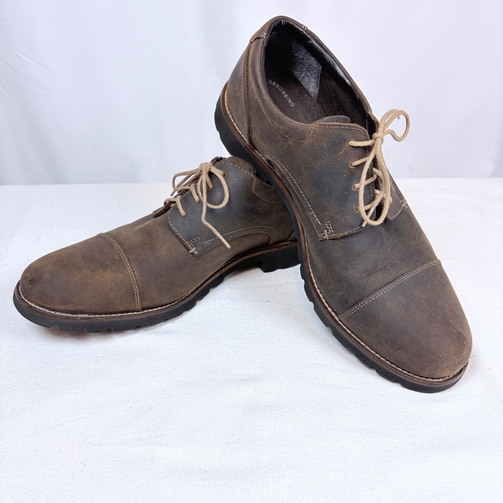 Rockport Channer Tru Tech Men 10 M Brown Burnished Leather Oxford Cap Toe Shoes